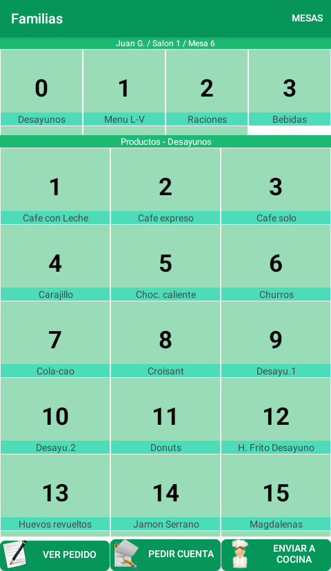 Listado de productos y modificadores en el Comandero