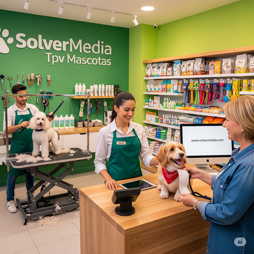 Pantalla del software TPV de mascotas con fichas detalladas de clientes y animales